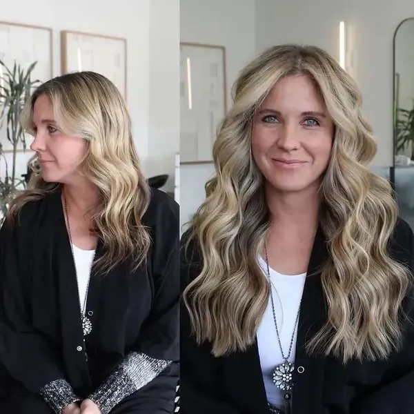 Before and after NBR hair extensions on a guest with shoulder length blonde hair, now long and full
