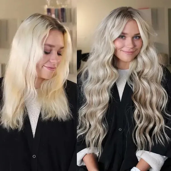 Before and after hand-tied extensions adding length and volume to platinum blonde hair