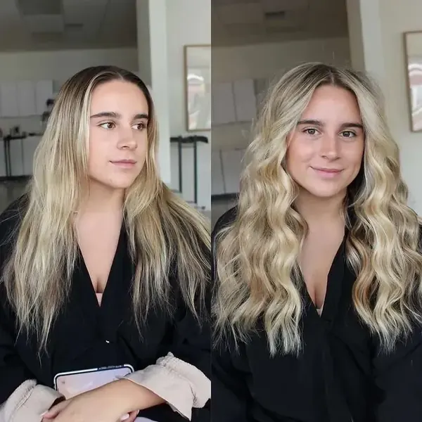 Before and after hair extensions in Salt Lake City adding length and soft waves to blonde hair