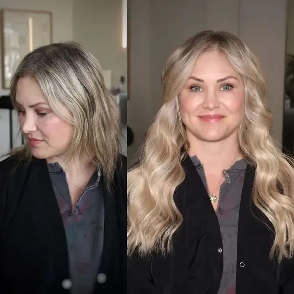 Before and after NBR extensions giving fine, shorter hair long, soft waves