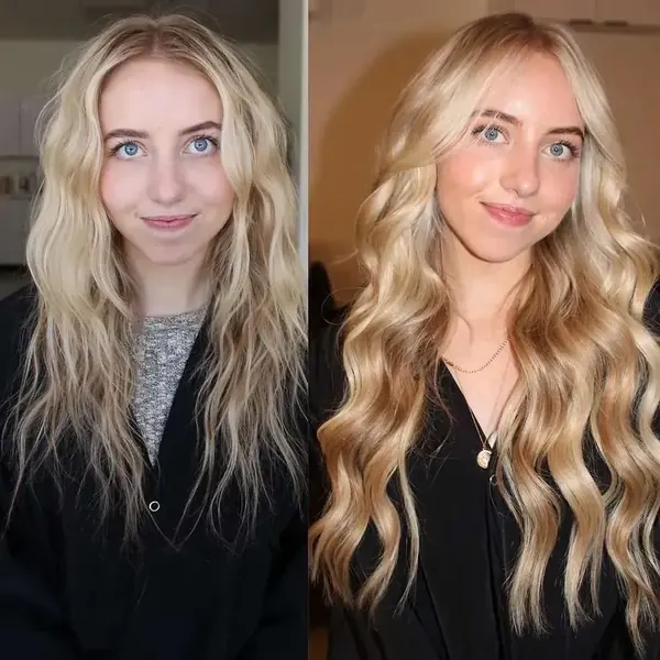 Before and after luxury hand-tied extensions on a young guest with honey blonde hair