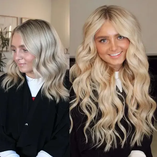 Before and after NBR extensions blending a guest's ash blonde into long golden waves
