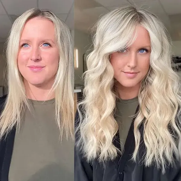 Before and after NBR hair extensions giving a guest long, voluminous platinum hair